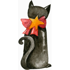 水彩手绘带蝴蝶结的黑猫