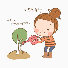 小女孩给树浇水