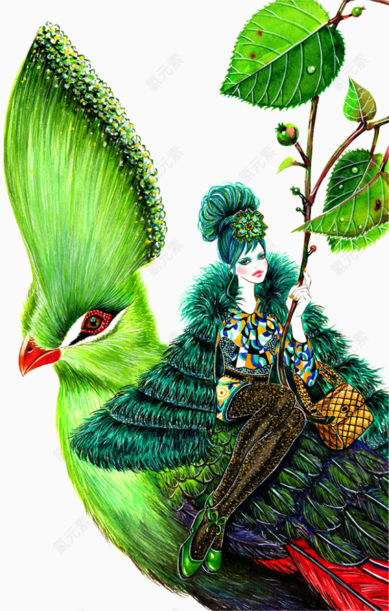 时尚服装设计手绘插画鸟与人绿色