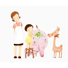 卡通手绘小孩喂草给长颈鹿吃