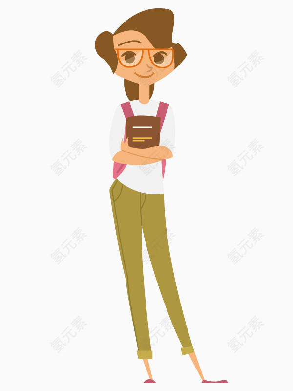 卡通手绘戴眼镜拿课本女孩