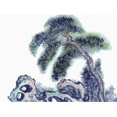 松树山石水墨画