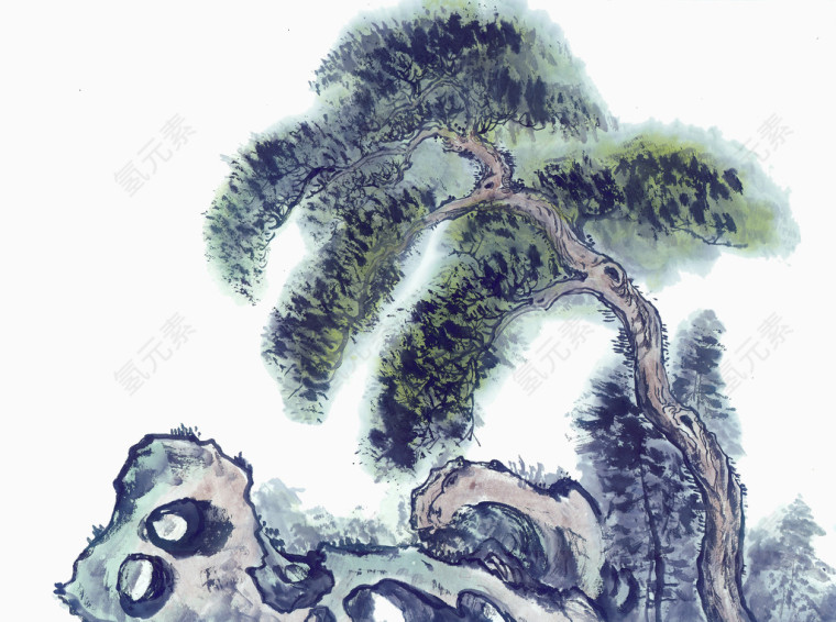 松树山石水墨画