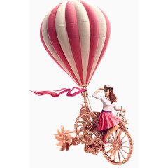 卡通热气球美女手绘单车装饰PNG格式