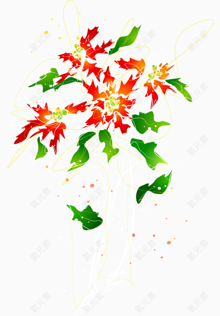 卡通手绘精美红花绿叶花纹