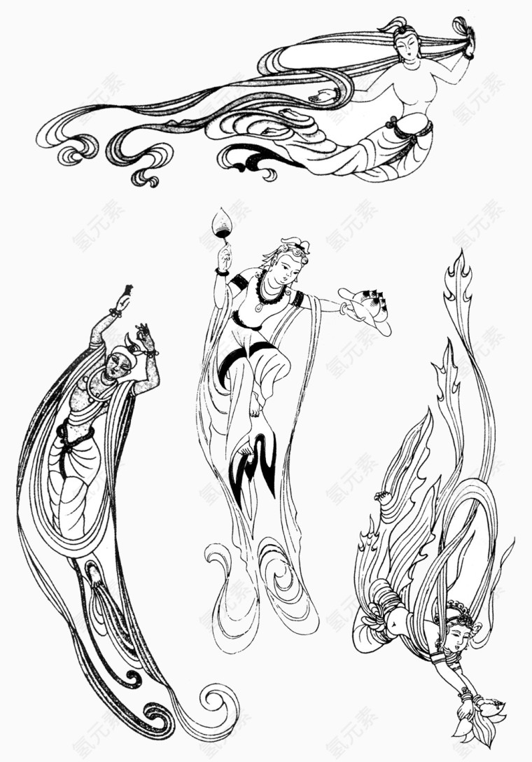 飞天仙女敦煌莫高窟黑白画像