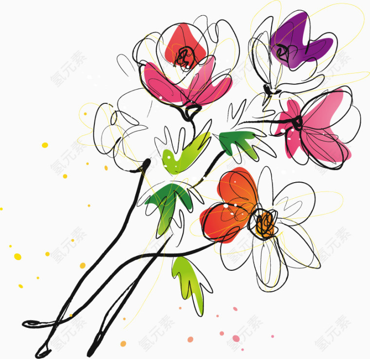 彩色花朵素描png矢量素材