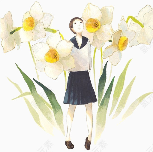 太阳花与小女孩免抠素材
