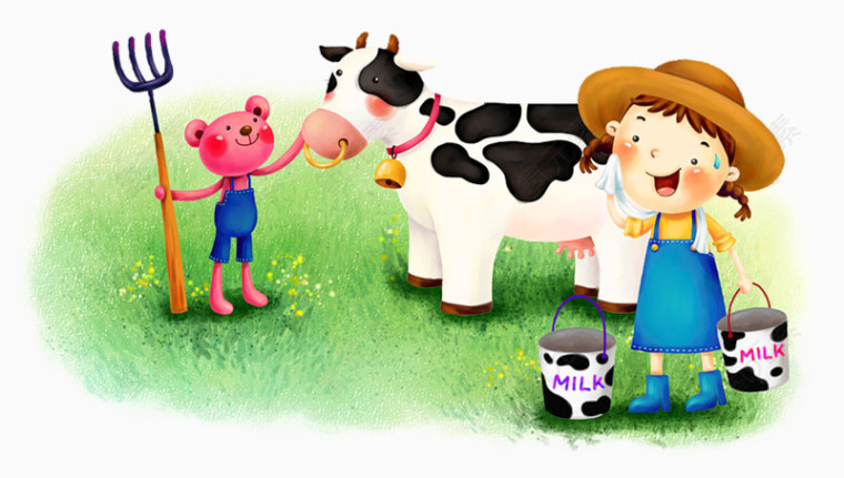 挤牛奶的小男孩