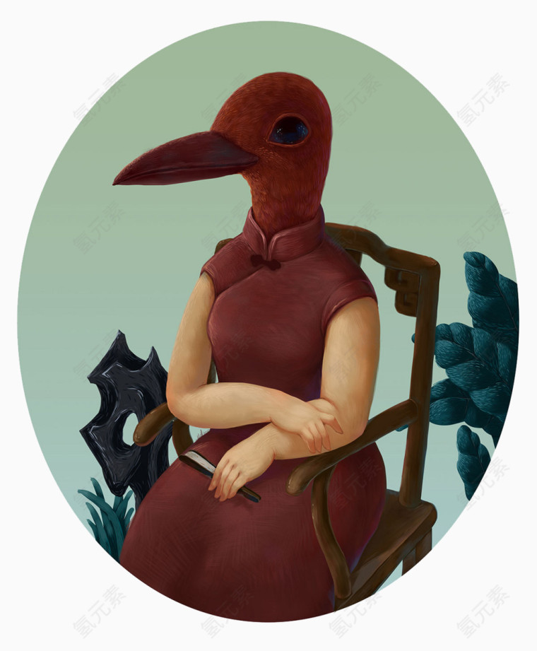手绘穿旗袍的鸟女士