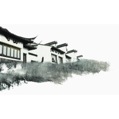 黑白山水建筑水墨画