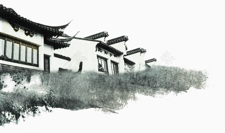 黑白山水建筑水墨画