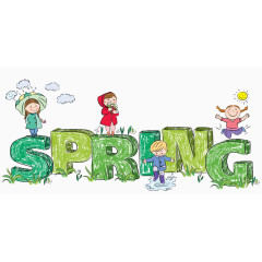 春天出游的卡通小孩