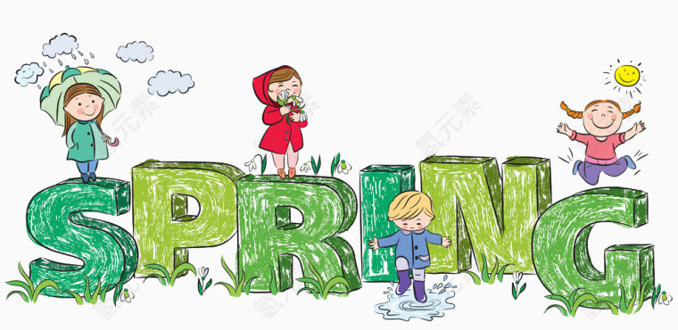 春天出游的卡通小孩