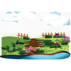 卡通池塘边小路风景矢量
