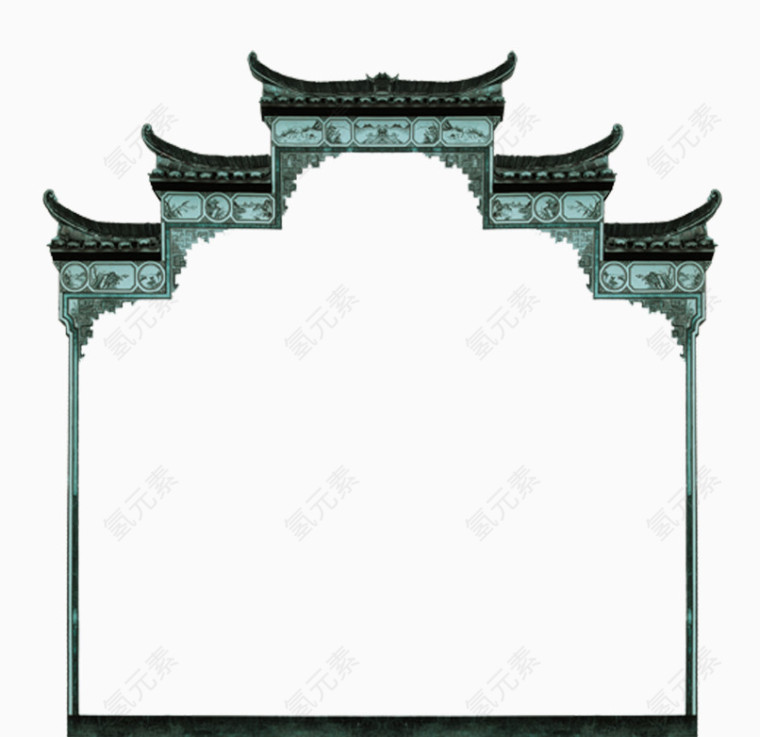 手绘青色中国风建筑