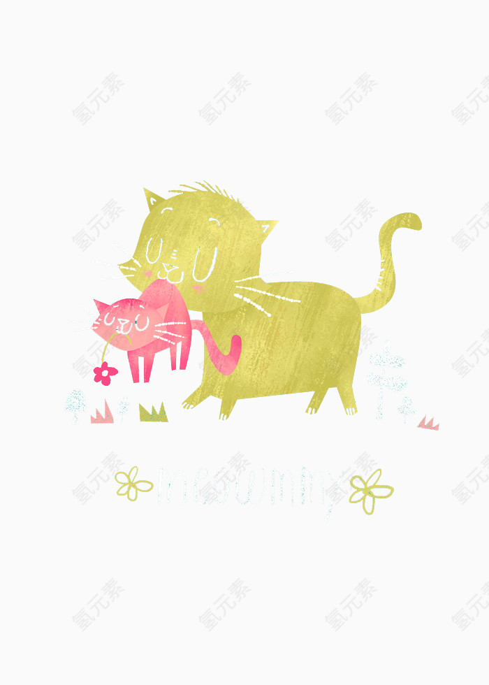 手绘猫妈妈叼着小猫