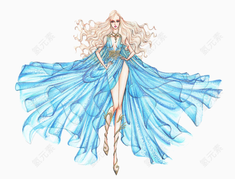 蓝色唯美礼服创意插画设计稿