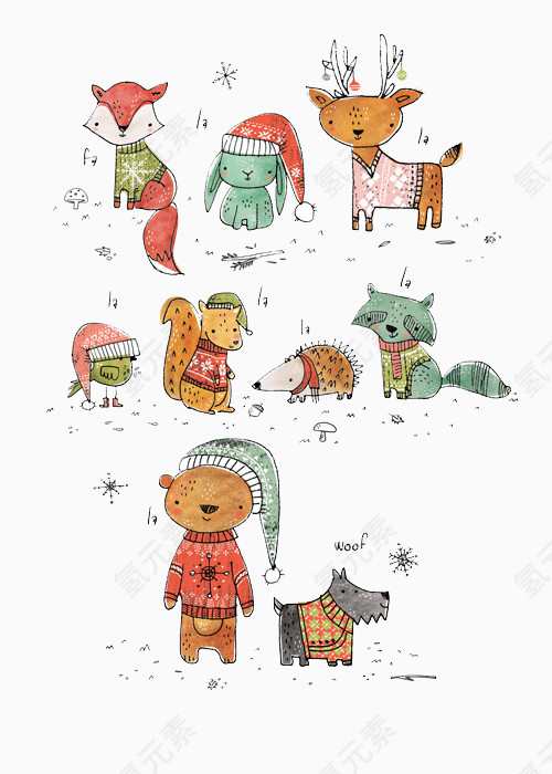 手绘圣诞节动物元素