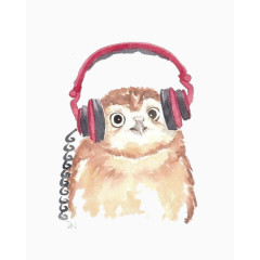 手绘水彩卡通听歌猫头鹰