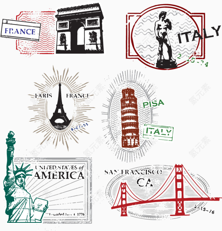 矢量手绘旅游景点邮戳