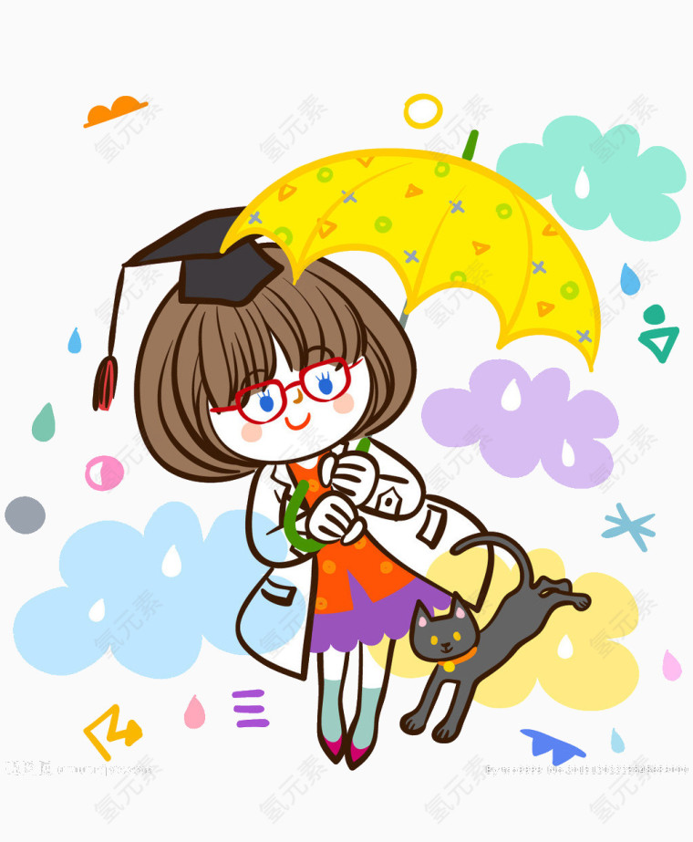 撑雨伞的小女孩和猫咪