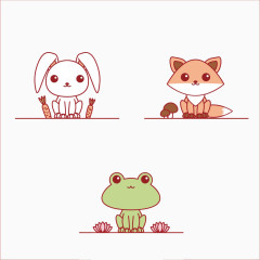 三只手绘卡通动物兔子狐狸青蛙