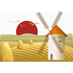 唯美落日风车麦田