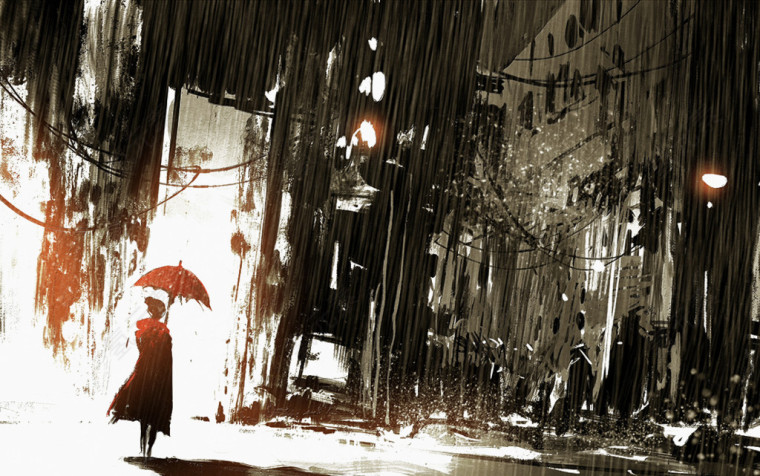 街道上打着雨伞的红色背景