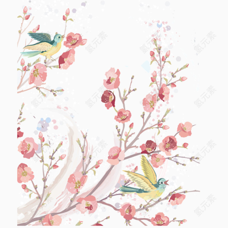 水墨色彩鸟在枝头矢量图
