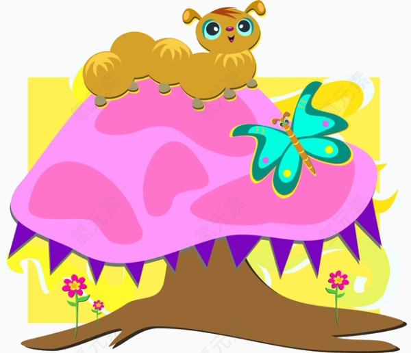 卡通蘑菇上的毛毛虫