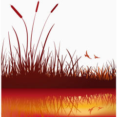 夜色芦苇湖边风景矢量