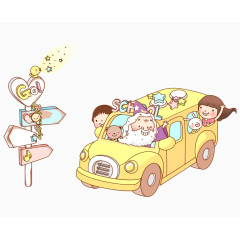 卡通彩色指示牌男孩女孩老人汽车