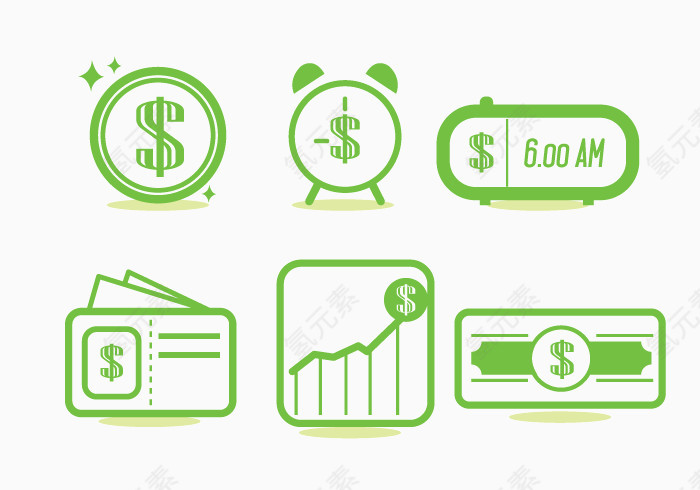 绿色 商务元素 矢量图 装饰图案 闹钟 钱币符号