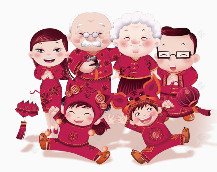 红色卡通家庭装饰图案