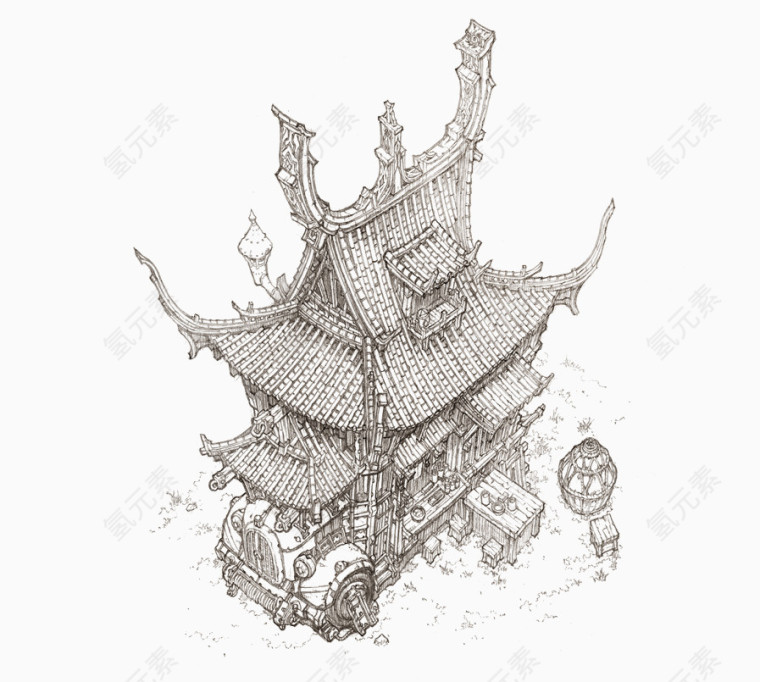 古风建筑模型线稿