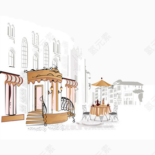 手绘线描欧式街道