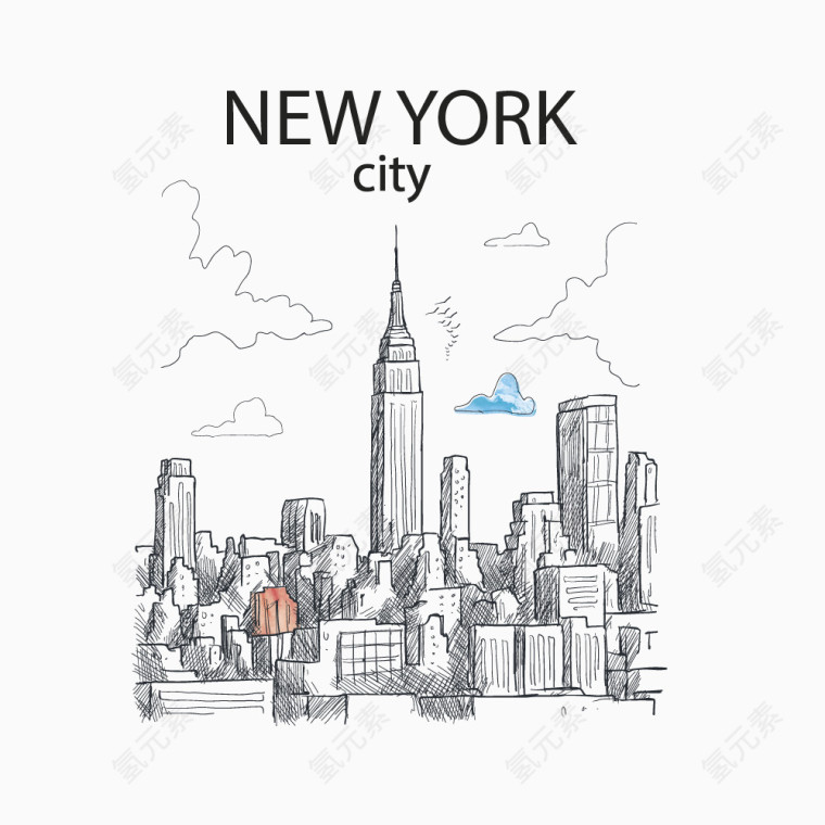 创意手绘纽约城市建筑群矢量图
