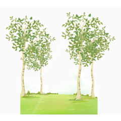 卡通手绘翠绿草地茂密树木