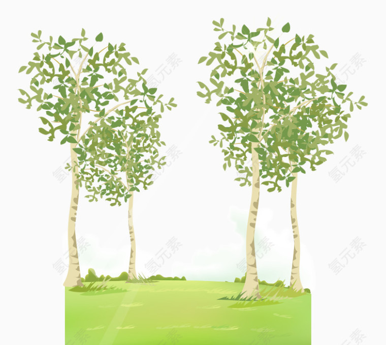 卡通手绘翠绿草地茂密树木
