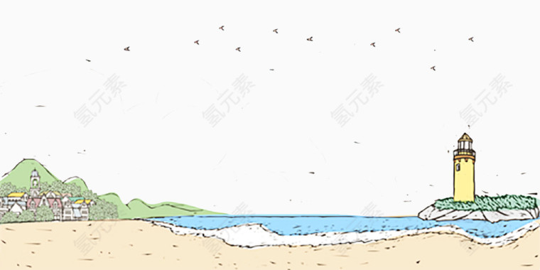 手绘海边风景插画