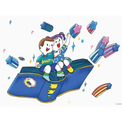 坐在蓝色书上遨游太空的男孩女孩