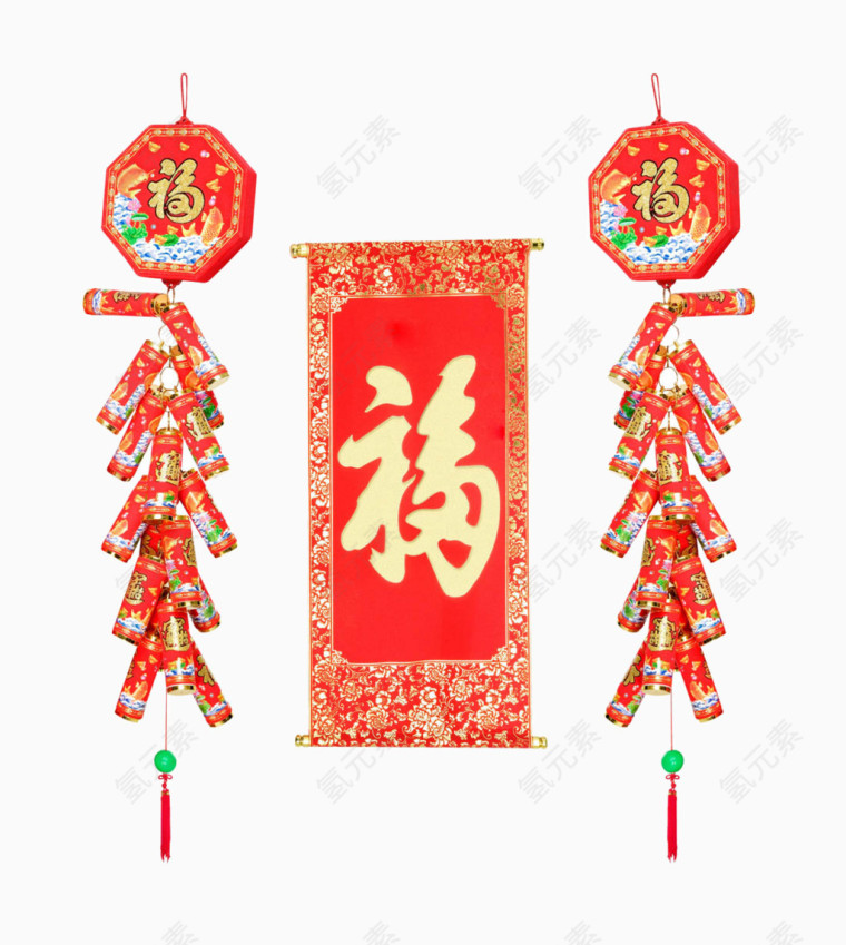 精美新年福字贴和鞭炮