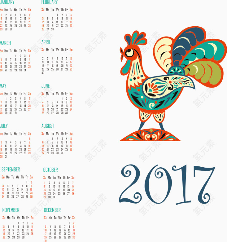 矢量大公鸡日历
