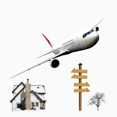 飞机房子路牌小树