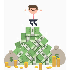 在钱币堆上跳跃的商务男子矢量图