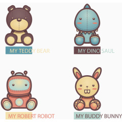 矢量手绘卡通熊兔子机器人人偶