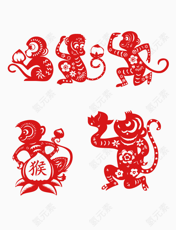 大红色抱桃子小猴剪纸