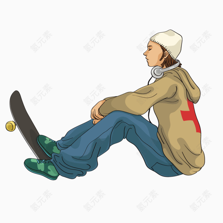 坐地上的时尚滑板少年