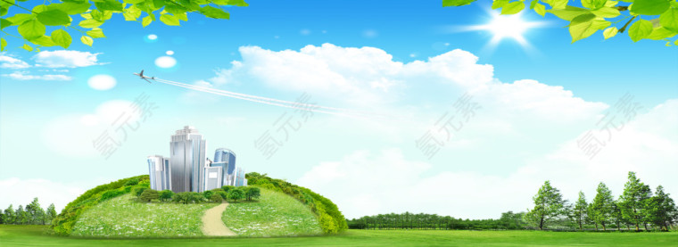 大片绿化带绿树围绕的城市背景